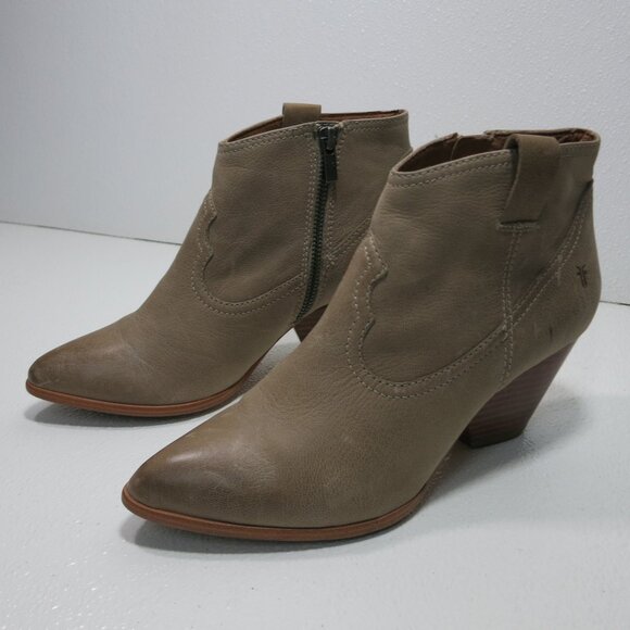 FRYE Reina 3479258 Women's Tan Leather Stacked Heels Zipper Ankle Boots Sz 8 M